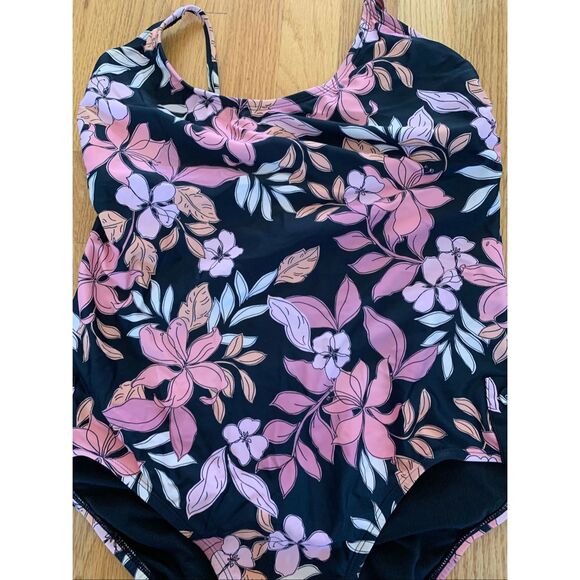 AQUA COUTURE One Piece Swimsuit Black Orange Pink Florals - Picture 6 of 9